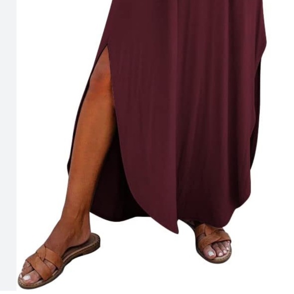 Entro Casual Loose Fit  Short Sleeve V-Neck Split Hem Maxi Dress Maroon Small - Picture 9 of 10